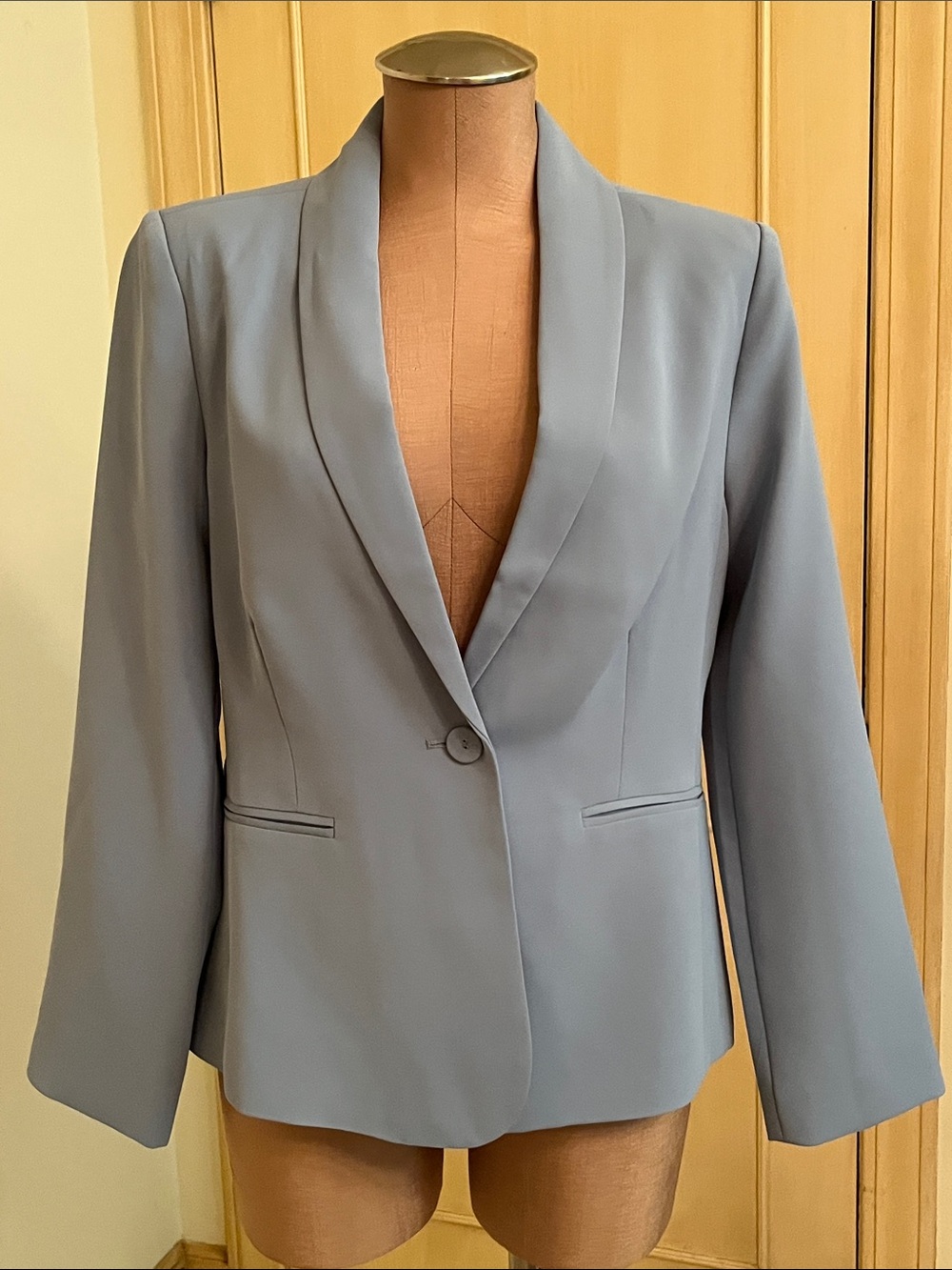 BCBGMAXAZRIA Career Preppy Classic Shawl Collar 1 Button Dusty Lt Blue Blazer M